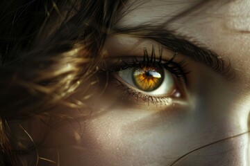 Wall Mural - Close up of a brown eye reflecting sunlight, belonging to a woman with curly hair