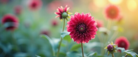 Wall Mural - A stunning close-up of vibrant red dahlias stands out against a soft-focus background of lush greenery. The warm golden light enhances the flowers rich hues, creating a serene and inviting atmosphere