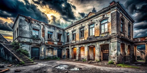 Wall Mural - Abandoned Urban Building, Dark Shadows, Black and White, Decaying Architecture, Grunge Texture