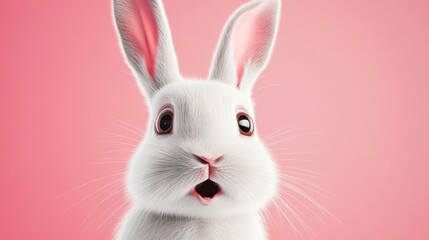 Portrait of a white cute. rabbit with surprised. expression on a pink background,surprised looking rabbit .Generative AI