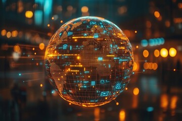 Digital globe with data streams in blurred city at night