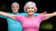 © colnihko - Elderly caucasian couple enjoying yoga outdoors in colorful attire