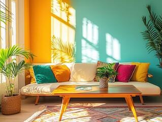 A cozy Moroccan living room with a coffee table and plush cushions