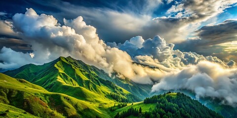 Wall Mural - Majestic Mountain Ridge: Clouds Drifting Over Lush Green Peaks