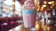 © Ve - Colorful milkshake with whipped cream and sprinkles in a cafe.