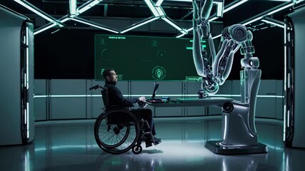 Poster - Innovative technology demonstration featuring a robotic arm assisting a person in a wheelchair at a high-tech facility
