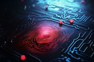 Wall Mural - glowing fingerprint being scanned on a futuristic circuit board, representing cybersecurity and biom