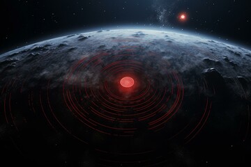 Wall Mural - Red energy emitting from the surface of a planet with a star in the background