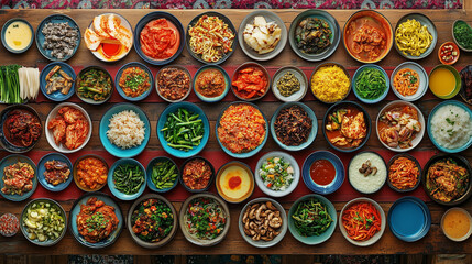 Wall Mural - A colorful spread of traditional Korean dishes, including bibimbap, kimchi, and bulgogi, served on a rustic wooden table