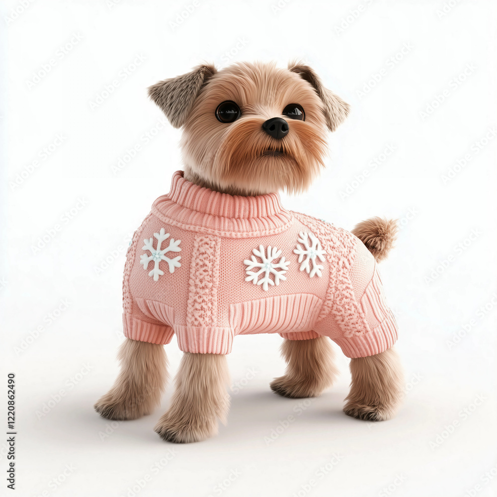 Cute dog wearing a cozy pink sweater with snowflake designs in a bright ...
