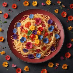 Wall Mural - A plate of twisted spaghetti made from gummy candy strings and decorated with edible flowers , spaghetti, flower