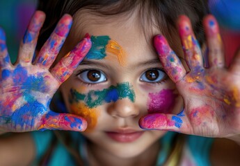 A little girl with colorful paint smeared across her hands and face