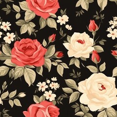 old rustic vintage small roses flower retro seamless pattern antique ancient arrangement brown paper scratch tile fabric cloth bunch leaf leaves dry stem black tone