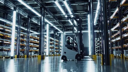 Poster - Forklift operation in a modern warehouse during daytime with bright lighting and organized storage systems