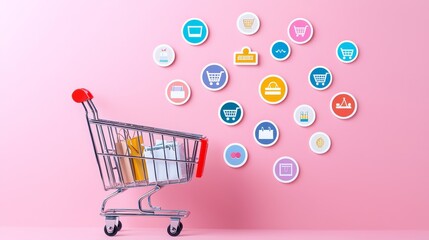 Shopping cart and icons display online retail digital marketing e-commerce close-up modern shopping experience