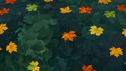 Tranquil pond .Floating leaves in water with autumn leaves copy space. green flower. abstract geometric background, colorful and texture. Generative AI 