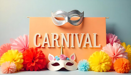 Colorful Carnival-Themed invitation card with Sparkling Silver Mask and Vibrant Red Decorations, Mardi Gras Party Invitations, Venice Carnival Party template, banner, header created with generative ai