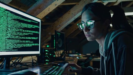 Leinwandbilder - Expert programmer working late at night in a dimly lit room analyzing code on multiple screens