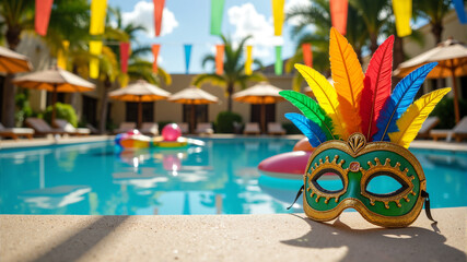 Colorful Mardi Gras mask and decorations near a resort pool, concept of carnival celebrations and festive pool parties