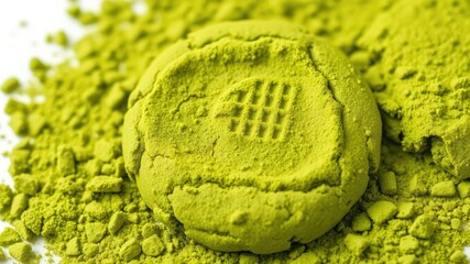 Wall Mural - A close-up shot of a freshly baked cookie covered in vibrant green matcha powder, perfect for eco-friendly and organic food concepts, tasty, isolated