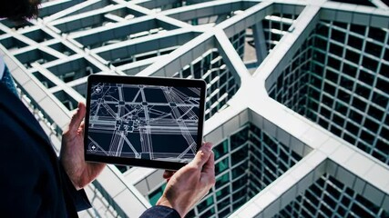 Aufkleber - Exploring digital mapping technology atop a modern urban building with advanced architecture