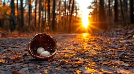 Serene Forest Scene at Sunset with Nest and Eggs on Pathway Surrounded by Golden Autumn Leaves and Trees Creating a Peaceful Nature Atmosphere