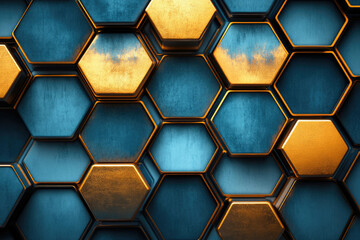 Poster - Abstract background of metallic hexagons in teal and gold, creating a geometric pattern.