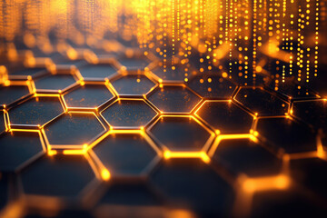 Poster - Abstract honeycomb structure with glowing orange edges and falling particles, representing technology or network.