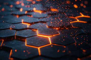 Aufkleber - Glowing hexagonal grid with orange sparks, abstract futuristic technology background.