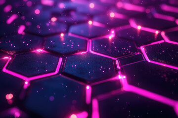Aufkleber - Abstract hexagonal grid with vibrant pink neon lights, glittering particles, and a dark blue background.
