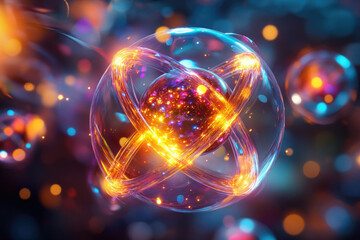 Fototapete - A vibrant, abstract depiction of an atom or molecule, with glowing energy trails and a cosmic core.