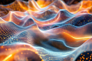 Fototapete - Abstract digital landscape with glowing particles and interconnected nodes forming a wavy surface.