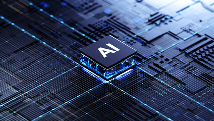 AI chip on a circuit board. Symbolizes technological advancement and artificial intelligence integration. 3d rendering, conceptual image.