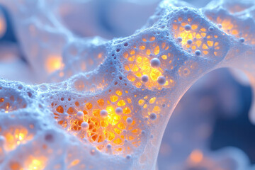 Fototapete - Abstract image of a porous, glowing structure, resembling a complex network or cellular system.