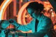 © Thedinindu - A female scientist in a lab coat uses a robotic arm for precision work under vibrant neon lighting.