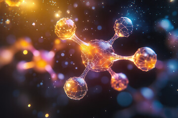 Fototapete - Abstract representation of a molecule, glowing atoms connected by bonds, in a dark background.