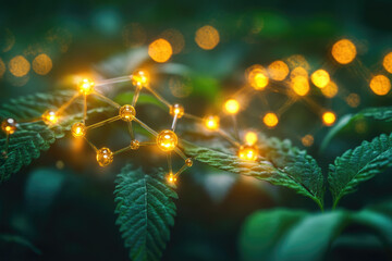 Fototapete - Glowing molecular structure resting on cannabis leaves, symbolizing the plant's chemical compounds and potential.