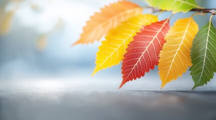 Vibrant Autumn Leaves Displaying a Spectrum of Warm Colors on a Branch