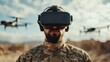 © Larisa AI - In a military landscape, a soldier wearing virtual reality glasses stands still, surrounded by operating drones, highlighting the integration of technology in modern warfare.
