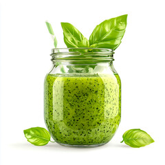 A vibrant jar filled with juice of basil seed mixer isolated on white background