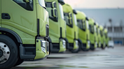 Wall Mural - A Row of Green Delivery Trucks Parked in a Modern Industrial Facility, Showcasing the Power of Logistics and Transportation. Innovative Transportation Solutions in Modern Business Operations.