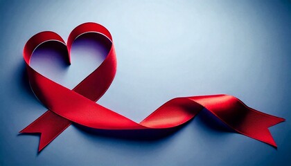 Wall Mural - A vibrant red silk ribbon against a light blue background, ideal for campaigns promoting heart disease awareness and supporting various health, safety, and social causes