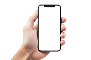 Wall Mural - Hand holding a smartphone showing a blank white screen, isolated on a clean white background. Concept of mockup, technology, and presentation. Ai generative