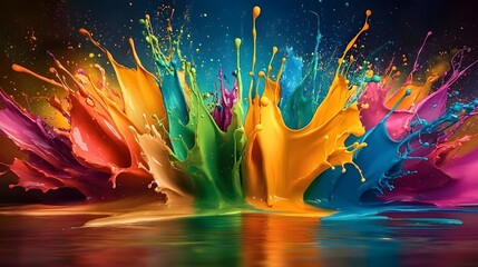 Fototapete - Captivating explosion of vivid paint splashes in a wide range of colors forming a contemporary abstract background  This digital showcases a striking visual of liquid motion energy