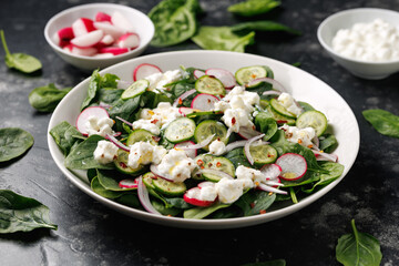 Wall Mural - Spinach cottage cheese salad with radish, cucumber and red onion, Healthy food