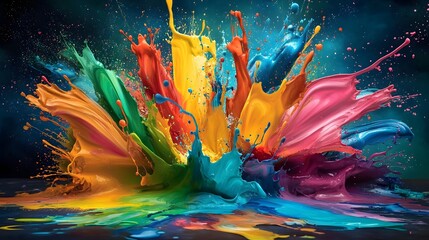 Fototapete - Vibrant explosion of multicolored paint splashes and fluid textures forming a dynamic and visually striking abstract wallpaper or background suitable for creative projects and digital design