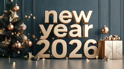 Aufkleber - 3D gold text new year 2026 with festive lighting sparkling a premium luxurious design perfect for holiday season new year s eve party or other celebratory events