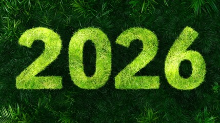 Poster - Eco Friendly Business Planning Concept with 2026 Symbol on Lush Green Grass in Tranquil Forest Representing Sustainable Development ESG Principles and Long Term Growth Strategies