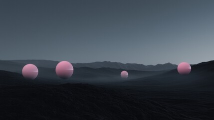 Wall Mural - a group of four pink spheres are scattered across a dark, rocky landscape