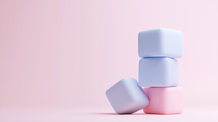 Poster - A stack of three pink and blue cubes on a pink background